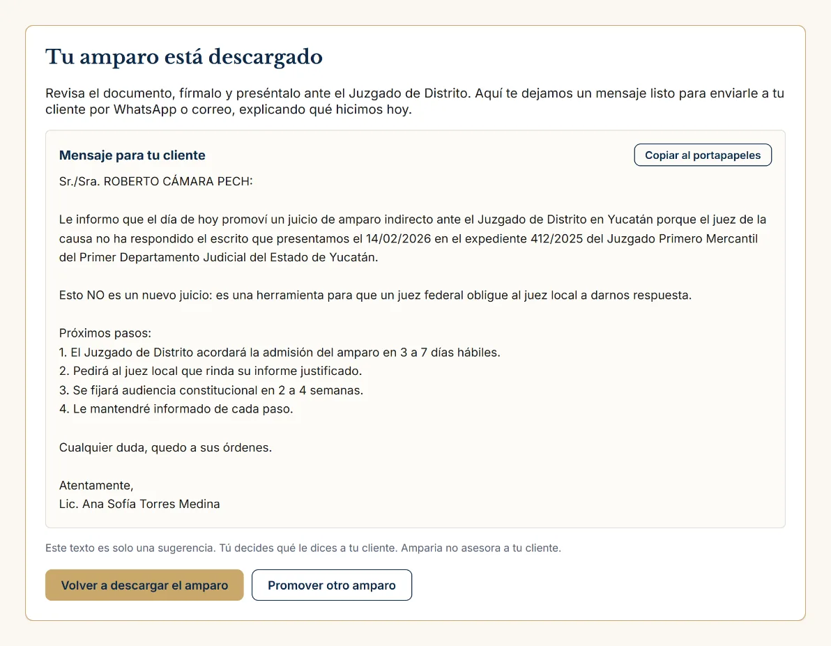 Tu amparo en Word + mensaje para tu cliente