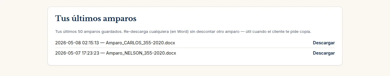 Tus últimos 50 amparos guardados